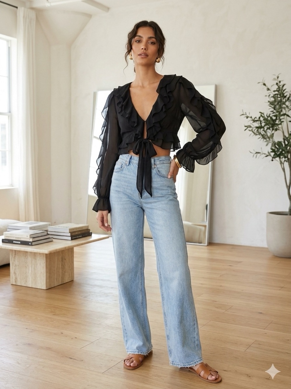 Storia Sheer Black Ruffle Tie-Front Top - Feminine Flared Sleeve